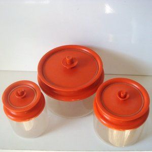 70s TUPPERWARE Orange Lid Acrylic Clear Canister Set (3)